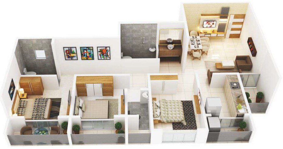 Floor plan of 3 BHK 1094 Sq. Ft. Apartment in Osians Garden, Thane