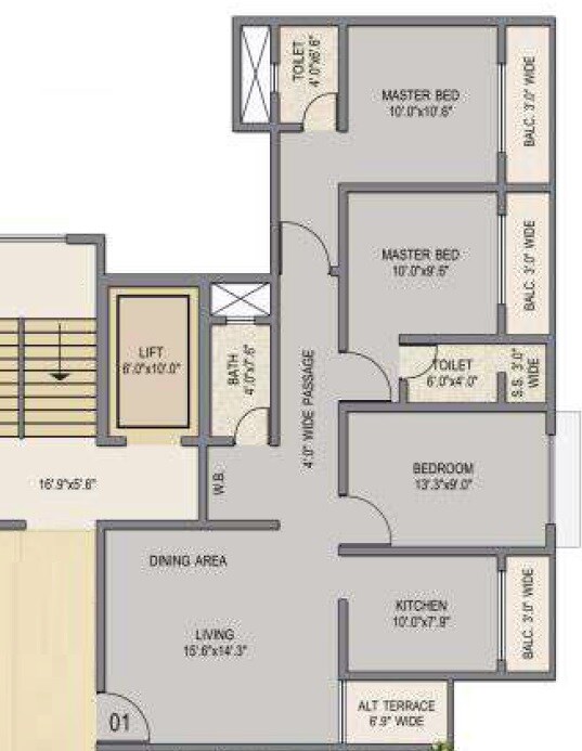 Floor plan of 3 BHK 691 Sq. Ft. Apartment in Osians Garden, Thane
