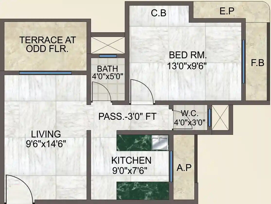 Floor plan of 1 BHK 478 Sq. Ft. Apartment in OSSK Sai Vyankatesh, Thane