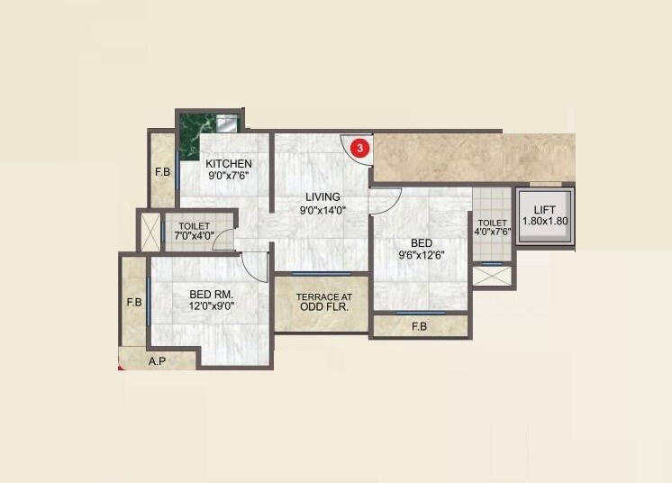 Floor plan of 2 BHK 532 Sq. Ft. Apartment in OSSK Sai Vyankatesh, Thane