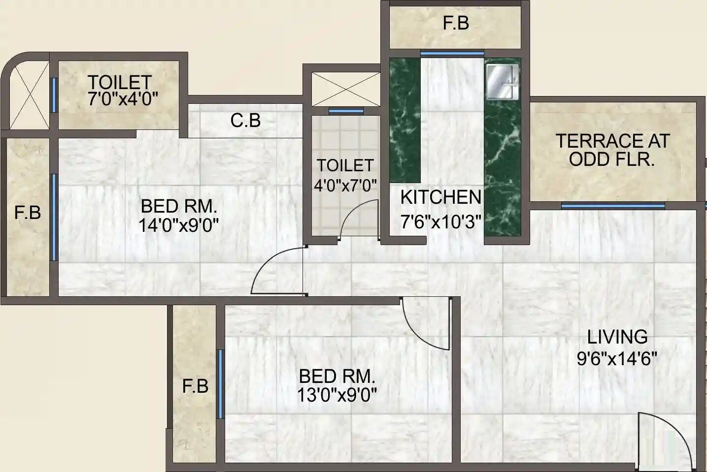 Floor plan of 2 BHK 631 Sq. Ft. Apartment in OSSK Sai Vyankatesh, Thane