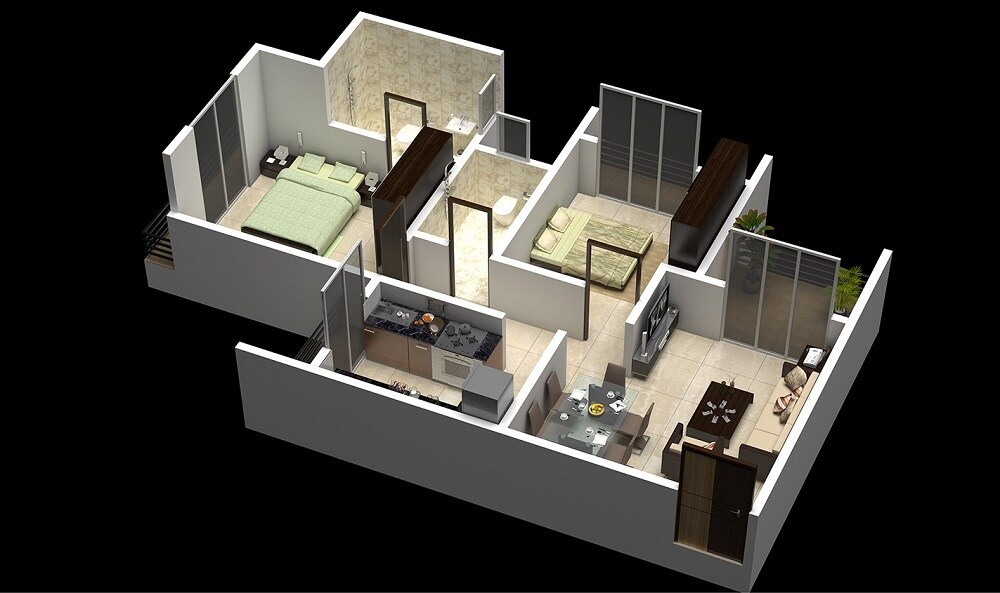 Floor plan of 2 BHK 506 Sq. Ft. Apartment in OSSKC Sai Sharnam, Thane