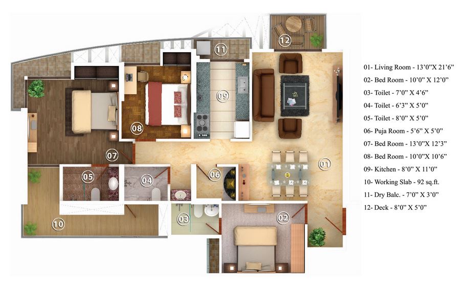 Floor plan of 3 BHK 1660 Sq. Ft. Apartment in Oswal Bella Vista, Thane