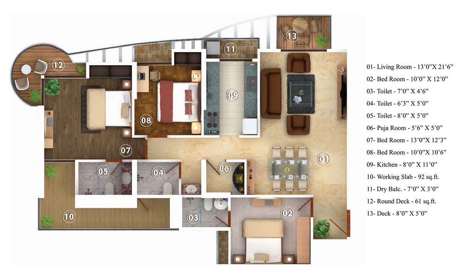 Floor plan of 3 BHK 1770 Sq. Ft. Apartment in Oswal Bella Vista, Thane