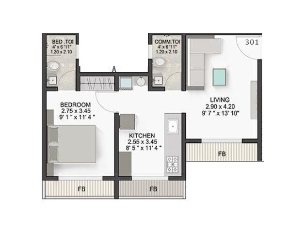 Floor plan of 1 BHK 367 Sq. Ft. Apartment in Pacific Laurel, Thane