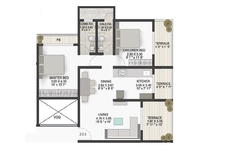 Floor plan of 2 BHK 599 Sq. Ft. Apartment in Pacific Laurel, Thane