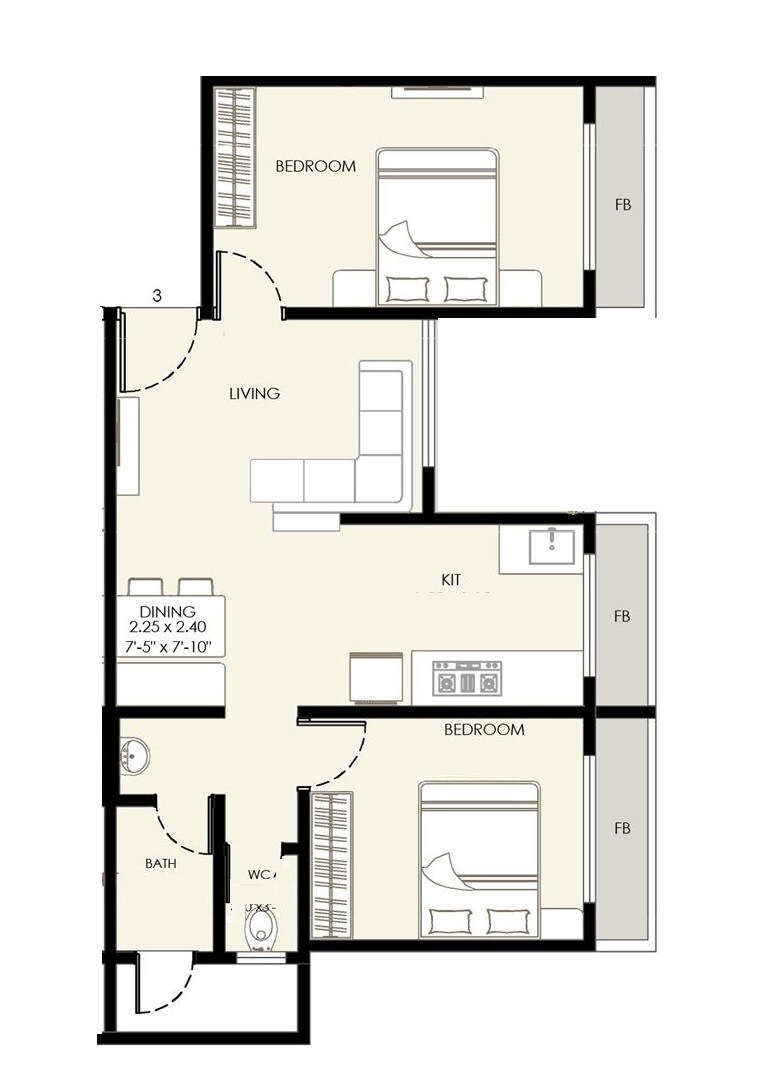 Floor plan of 2 BHK 470 Sq. Ft. Apartment in Pacific Milestone, Thane