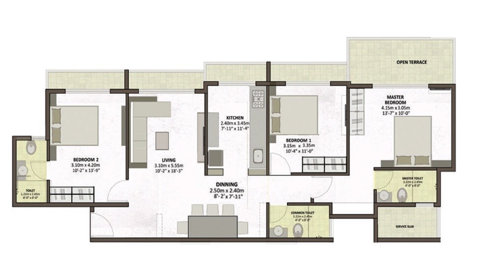 Floor plan of 3 BHK 833 Sq. Ft. Apartment in Pacific Satis CHS, Thane
