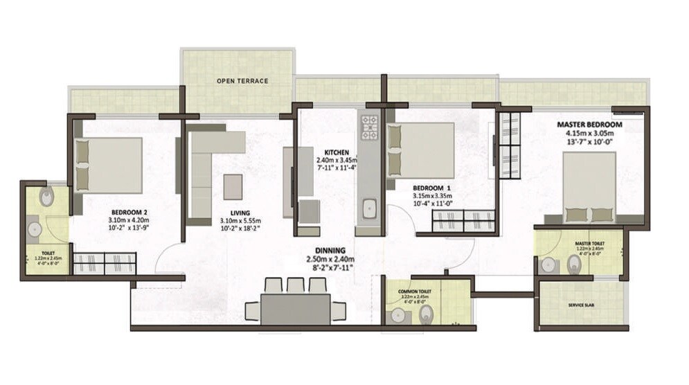 Floor plan of 3 BHK 834 Sq. Ft. Apartment in Pacific Satis CHS, Thane