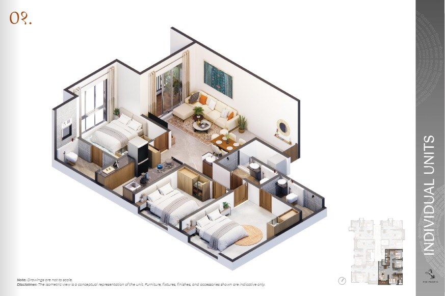 Floor plan of 3 BHK 803 Sq. Ft. Apartment in Pacific Yashogiri, Thane