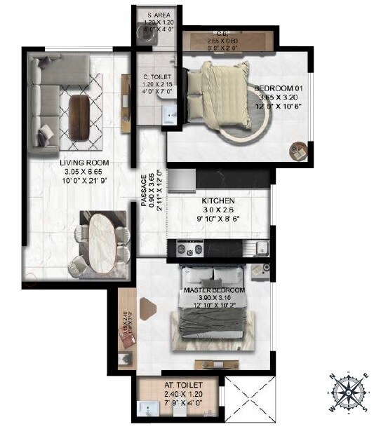 Floor plan of 2 BHK 678 Sq. Ft. Apartment in Padmanabh Ashirwad CHS, Thane