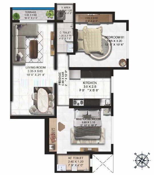 Floor plan of 2 BHK 740 Sq. Ft. Apartment in Padmanabh Ashirwad CHS, Thane