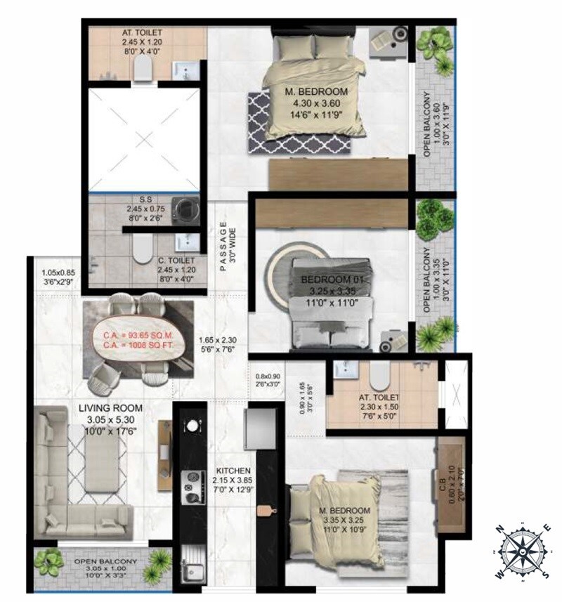 Floor plan of 3 BHK 1008 Sq. Ft. Apartment in Padmanabh Ashirwad CHS, Thane
