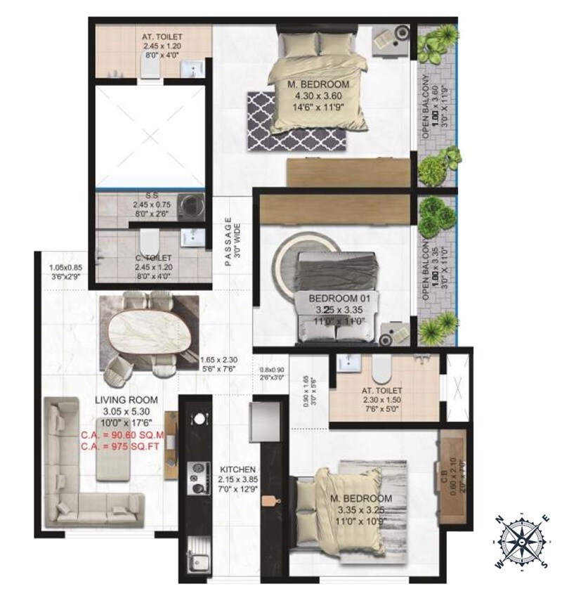 Floor plan of 3 BHK 975 Sq. Ft. Apartment in Padmanabh Ashirwad CHS, Thane