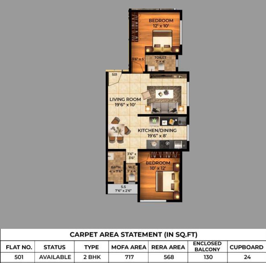 Floor plan of 2 BHK 568 Sq. Ft. Apartment in Padmanabh Shubhanand CHS, Thane