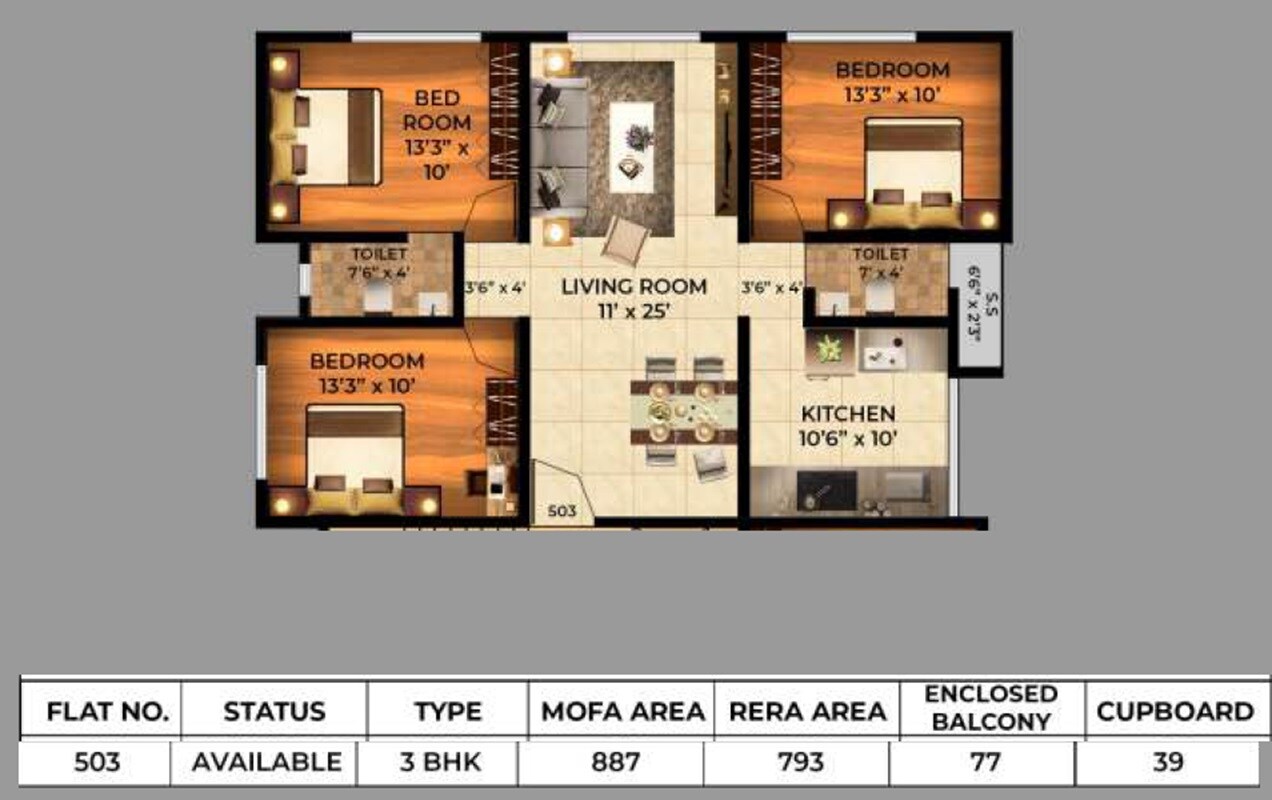 Floor plan of 3 BHK 793 Sq. Ft. Apartment in Padmanabh Shubhanand CHS, Thane