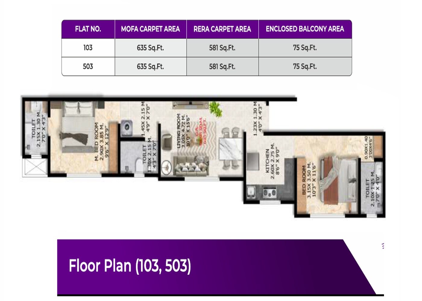 2 BHK 635 Sq. Ft. Apartment