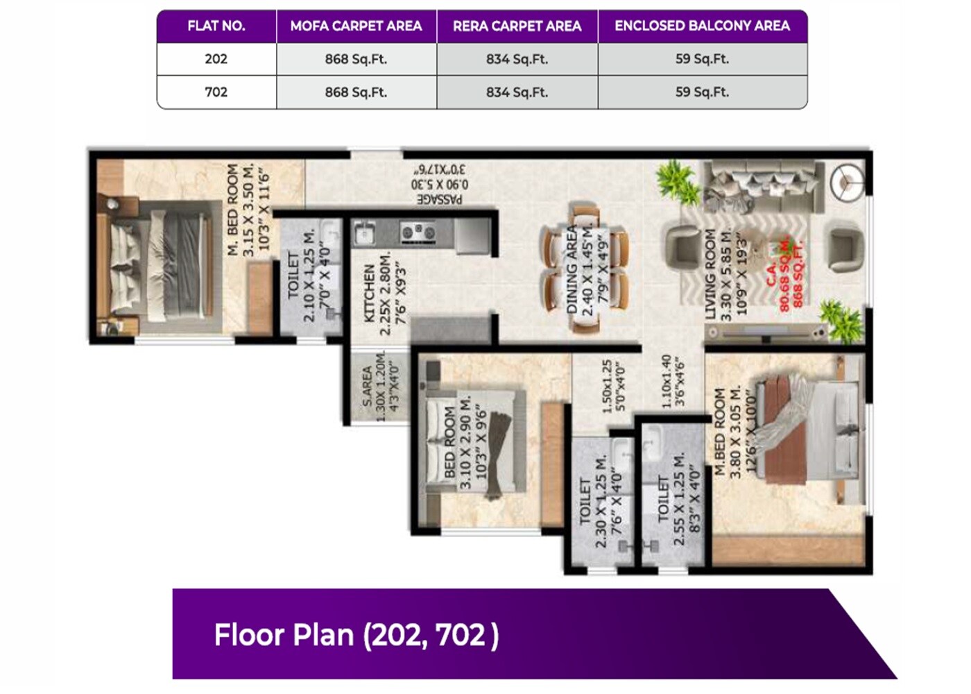Floor plan of 3 BHK 868 Sq. Ft. Apartment in Padmanabh Smruti CHS, Thane