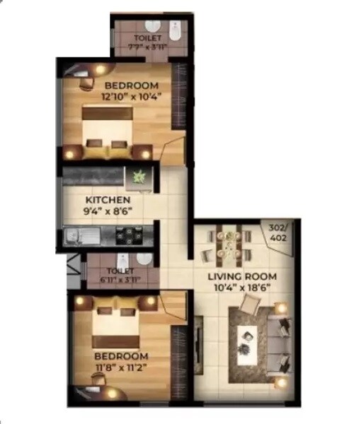 Floor plan of 2 BHK 665 Sq. Ft. Apartment in Padmanabh Tarabaug, Thane