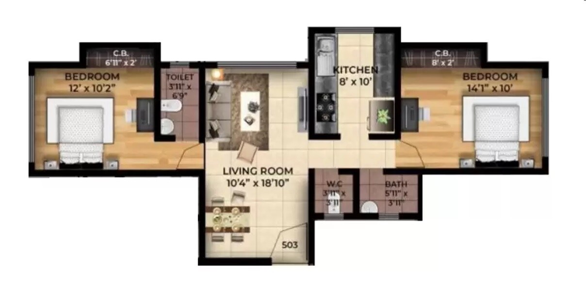 Floor plan of 2 BHK 713 Sq. Ft. Apartment in Padmanabh Tarabaug, Thane