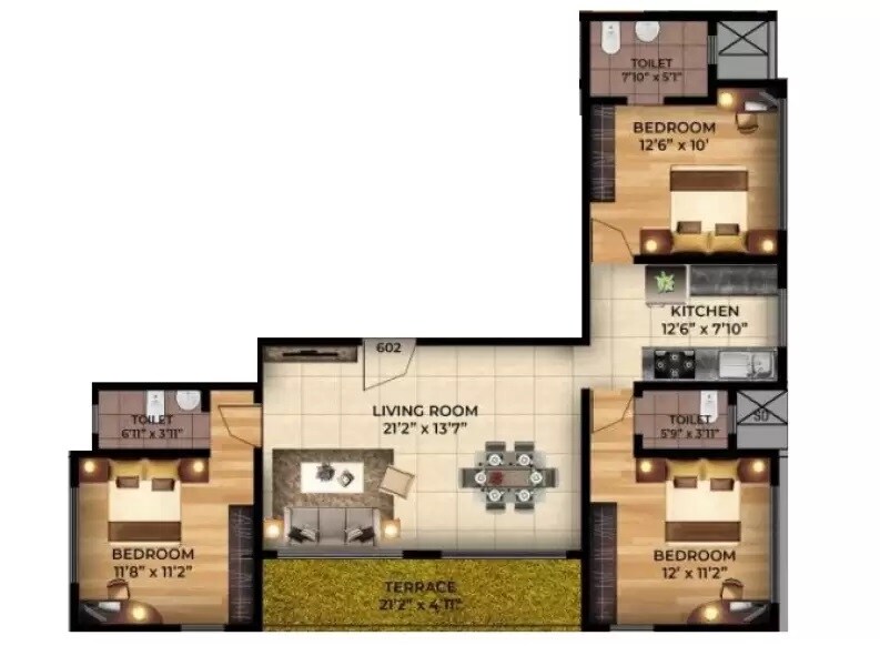Floor plan of 3 BHK 1052 Sq. Ft. Apartment in Padmanabh Tarabaug, Thane
