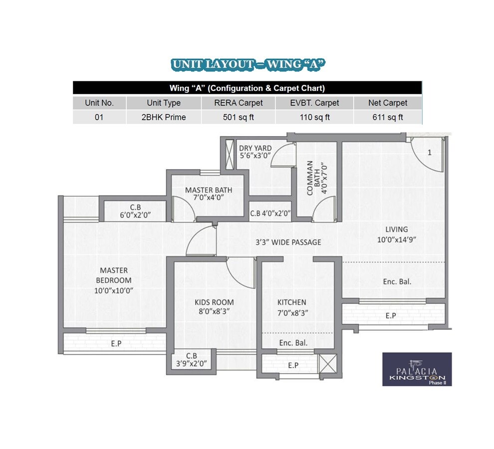 Floor plan of 2 BHK 501 Sq. Ft. Apartment in Palacia Kingston Phase 2, Thane