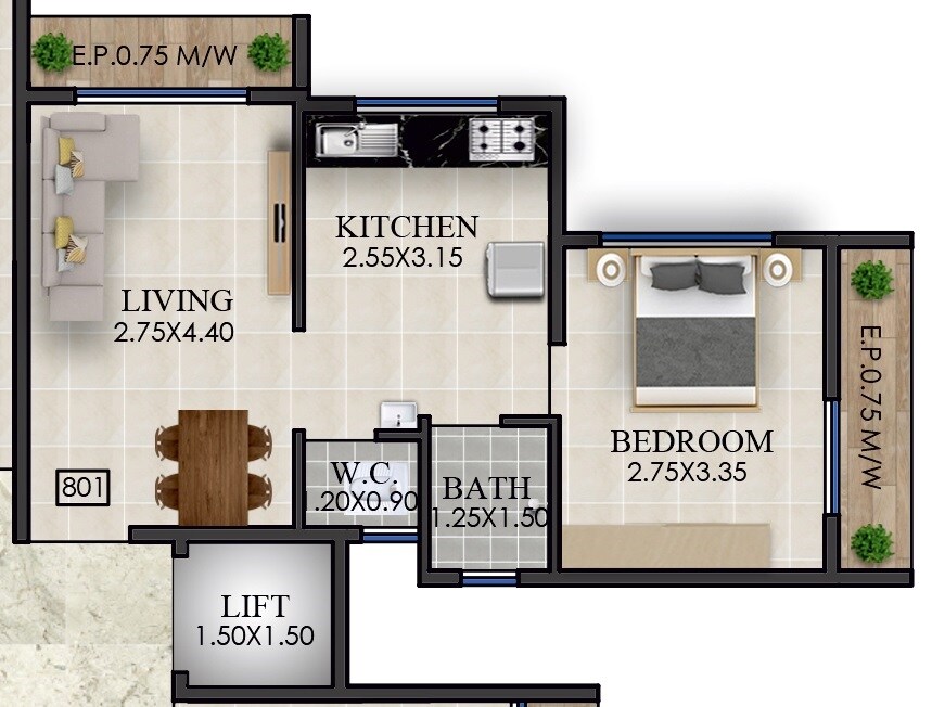 Floor plan of 1 BHK 380 Sq. Ft. Apartment in Panvelkar Amrut Manjil, Thane