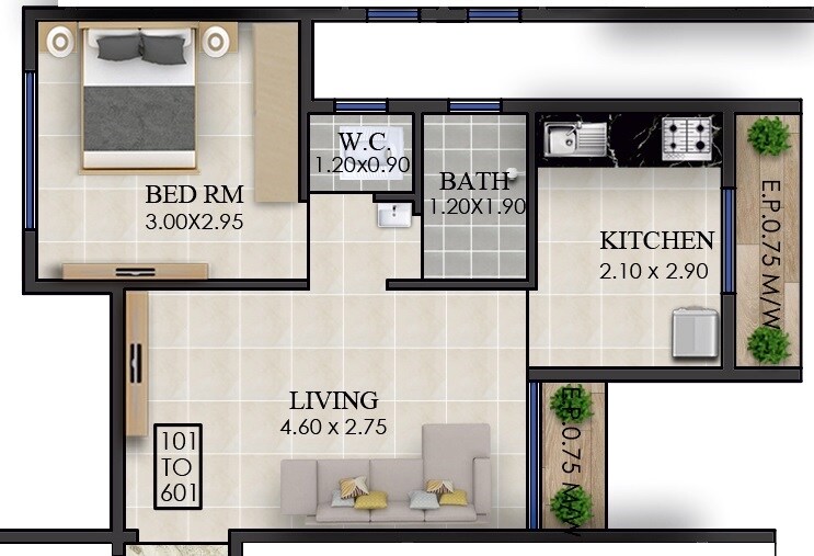 Floor plan of 1 BHK 450 Sq. Ft. Apartment in Panvelkar Amrut Manjil, Thane