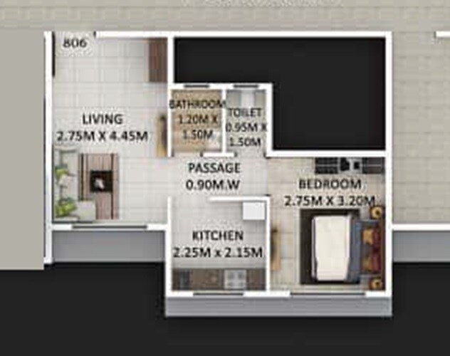 Floor plan of 1 BHK 285 Sq. Ft. Apartment in Panvelkar Amrut Towers, Thane