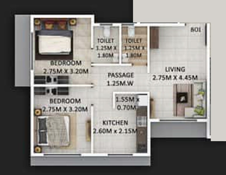 Floor plan of 2 BHK 398 Sq. Ft. Apartment in Panvelkar Amrut Towers, Thane