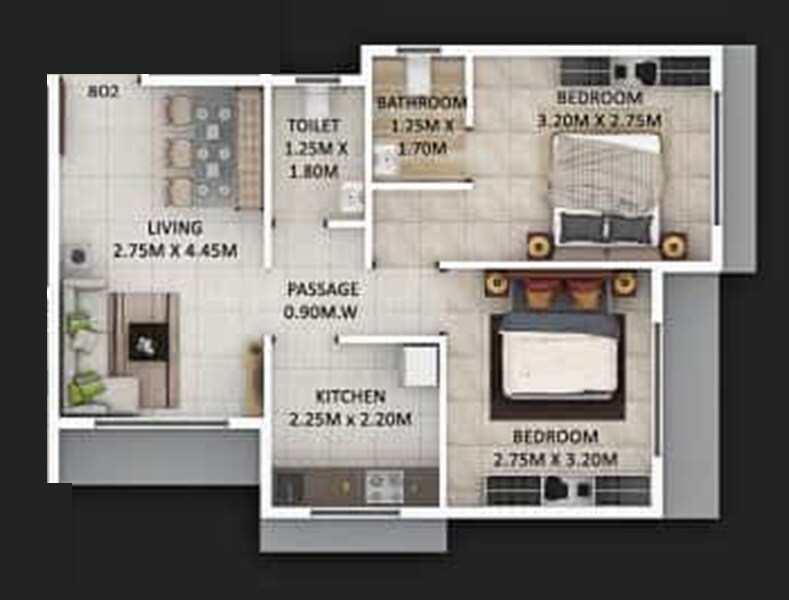 Floor plan of 2 BHK 443 Sq. Ft. Apartment in Panvelkar Amrut Towers, Thane