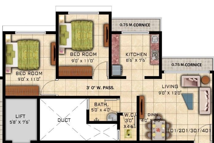 Floor plan of 2 BHK 446 Sq. Ft. Apartment in Panvelkar Crown, Thane