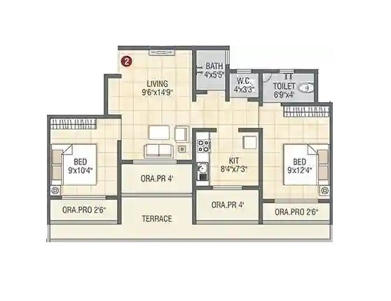 Floor plan of 2 BHK Apartment - 492 sq. ft. in Panvelkar Nisarg Phase 1, Thane