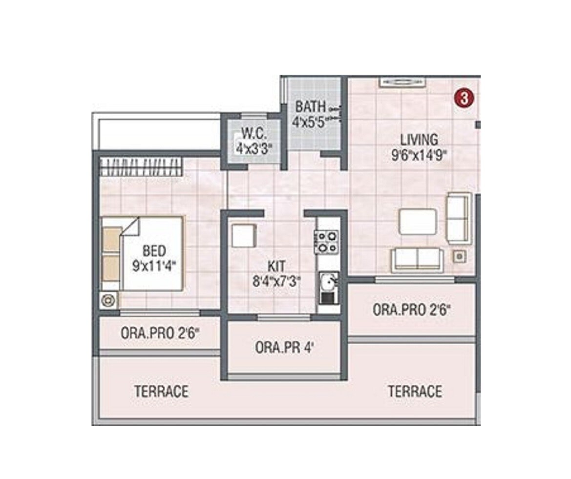 Floor plan of 1 BHK 397 Sq. Ft. Apartment in Panvelkar Nisarg Phase 2, Thane
