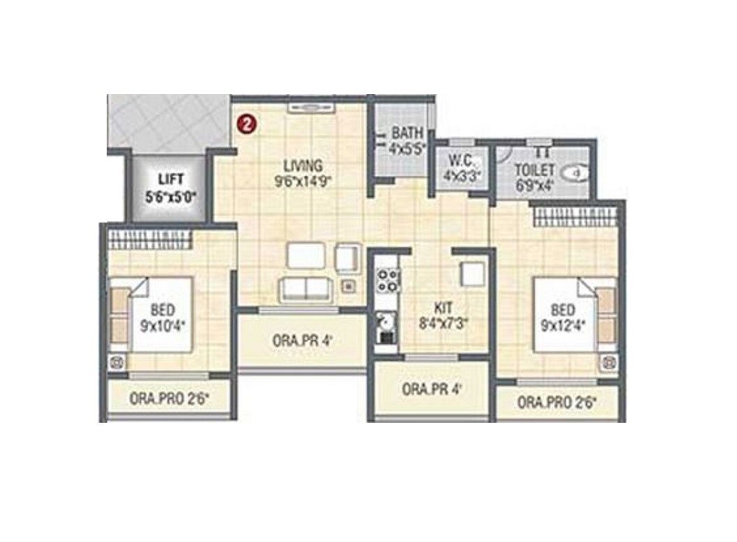 Floor plan of 2 BHK 580 Sq. Ft. Apartment in Panvelkar Nisarg Phase 2, Thane