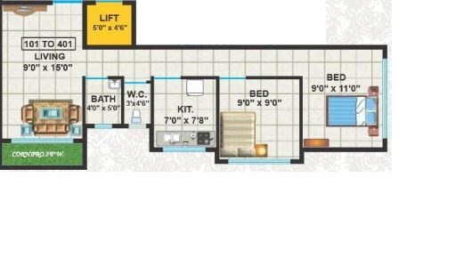Floor plan of 2 BHK 388 Sq. Ft. Apartment in Panvelkar Prestige Phase 2, Thane