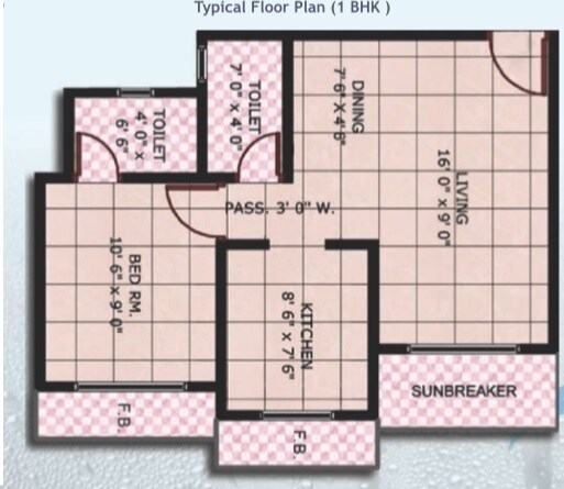 Floor plan of 1 BHK 727 Sq. Ft. Apartment in Panvelkar Realtors Aquamarine, Thane