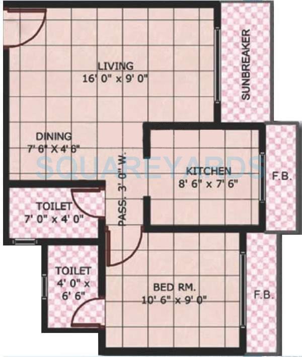 Floor plan of 1 BHK 638 Sq. Ft. Apartment in Panvelkar Realtors Aquamarine, Thane