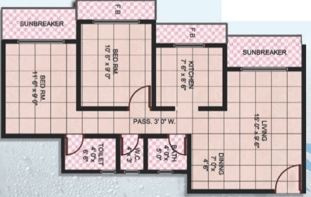 Floor plan of 2 BHK 967 Sq. Ft. Apartment in Panvelkar Realtors Aquamarine, Thane