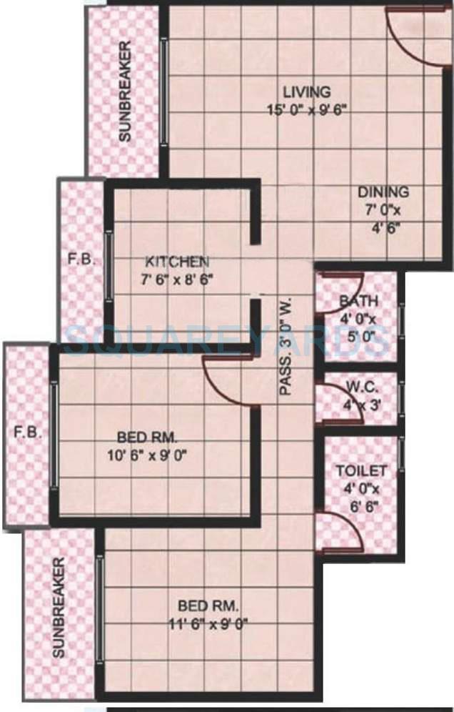 Floor plan of 2 BHK 947 Sq. Ft. Apartment in Panvelkar Realtors Aquamarine, Thane