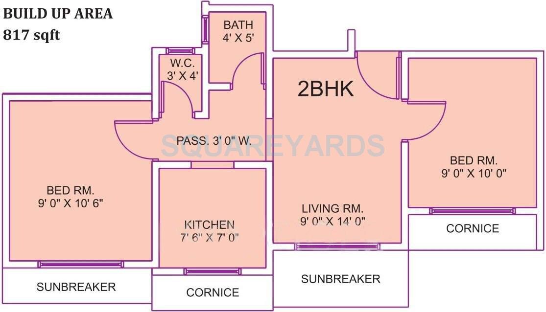 Floor plan of 2 BHK 882 Sq. Ft. Apartment in Panvelkar Realtors Bhoomi, Thane
