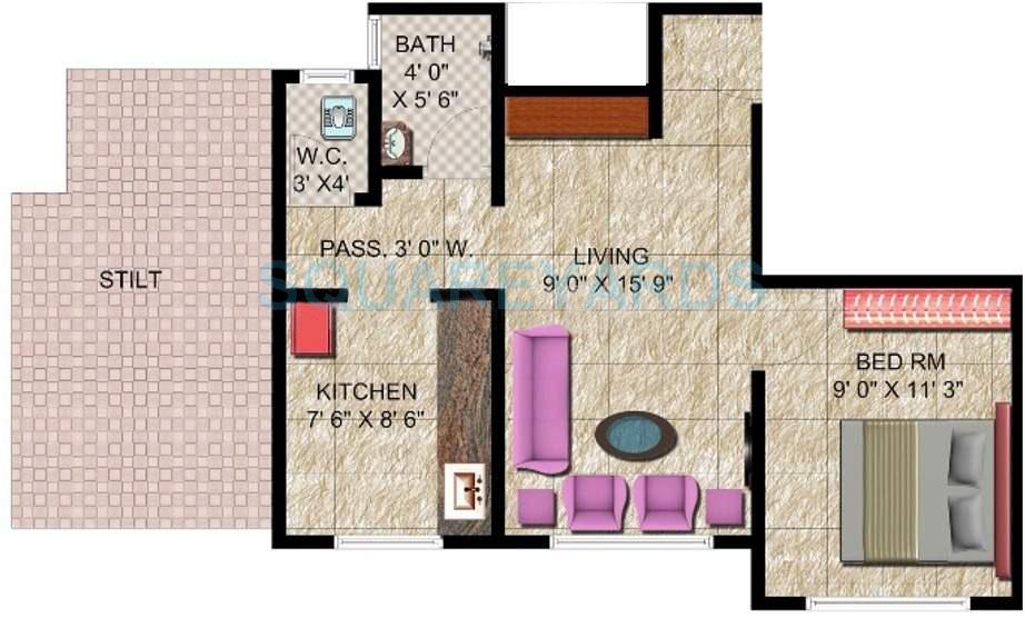 Floor plan of 1 BHK 560 Sq. Ft. Apartment in Panvelkar Realtors Classic, Thane