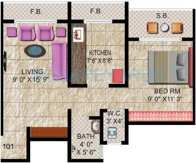 Floor plan of 1 BHK 675 Sq. Ft. Apartment in Panvelkar Realtors Classic, Thane