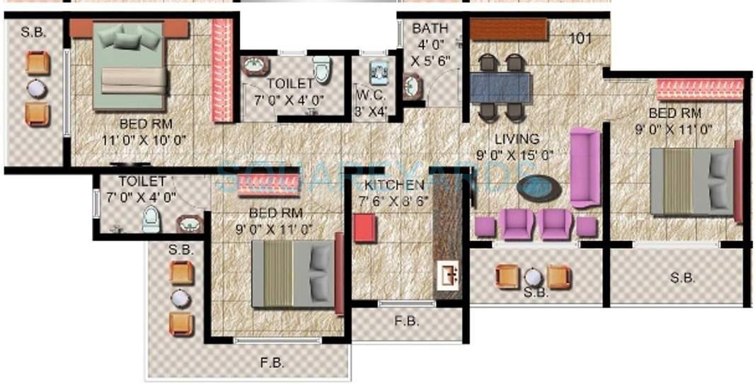 Floor plan of 3 BHK 1240 Sq. Ft. Apartment in Panvelkar Realtors Classic, Thane