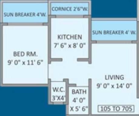 Floor plan of 1 BHK 521 Sq. Ft. Apartment in Panvelkar Realtors Heights, Thane