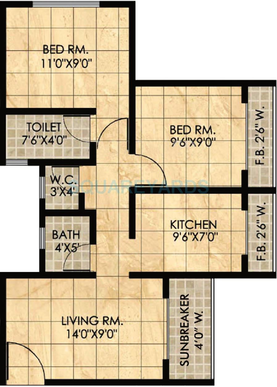 Floor plan of 2 BHK 384 Sq. Ft. Apartment in Panvelkar Realtors Homes, Thane