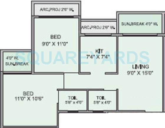 Floor plan of 2 BHK 864 Sq. Ft. Apartment in Panvelkar Realtors Optima, Thane