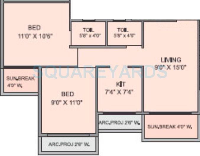 Floor plan of 2 BHK 887 Sq. Ft. Apartment in Panvelkar Realtors Optima, Thane