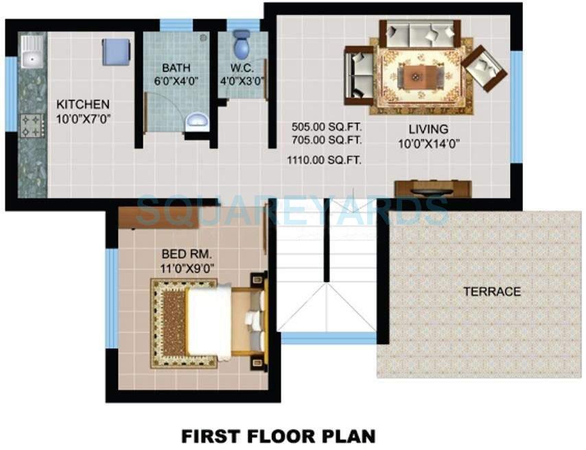 Floor plan of 2 BHK 1110 Sq. Ft. Villa in Panvelkar Realtors Serene Villas, Thane