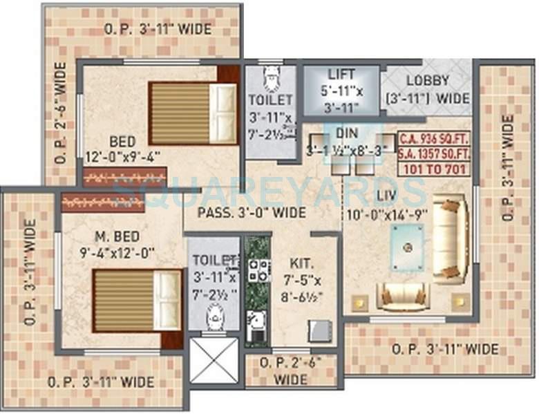 Floor plan of 2 BHK 969 Sq. Ft. Apartment in Panvelkar Realtors Vellozia, Thane